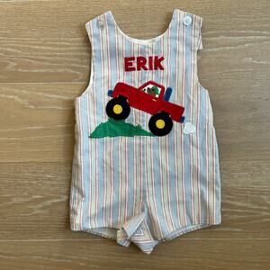 Vintage Kelly's Kids Striped Shorts Romper Dog in Truck ERIK sz 4T